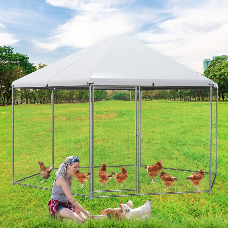 13FT Large Metal Hexagonal Chicken Coop with Wire Mesh and Lockable Door by DirectDeals