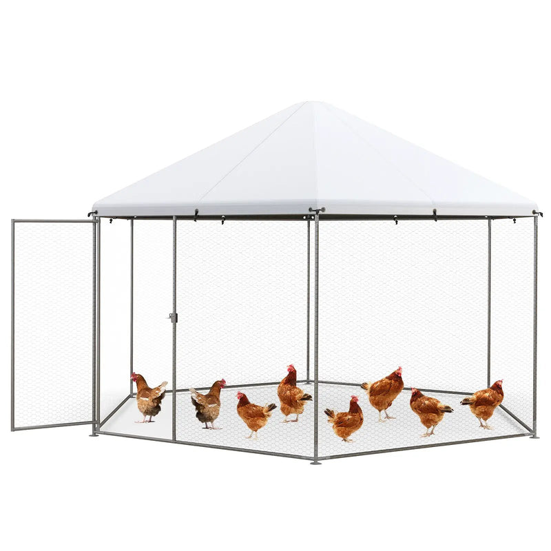 13FT Large Metal Hexagonal Chicken Coop with Wire Mesh and Lockable Door by DirectDeals