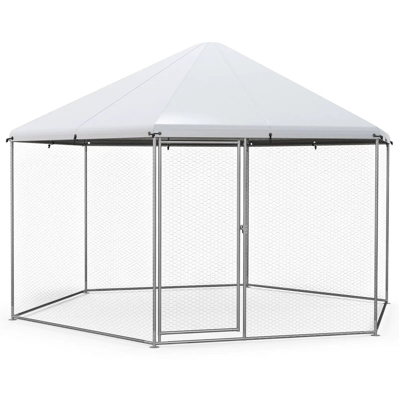 13FT Large Metal Hexagonal Chicken Coop with Wire Mesh and Lockable Door by DirectDeals