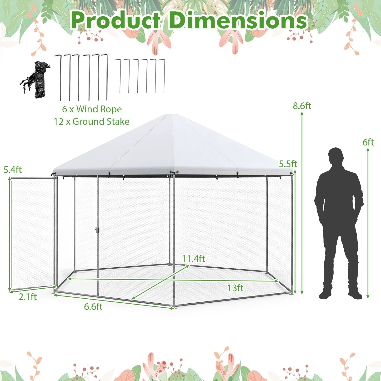 13FT Large Metal Hexagonal Chicken Coop with Wire Mesh and Lockable Door by DirectDeals