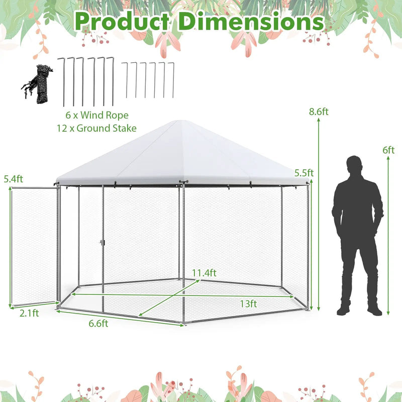 13FT Large Metal Hexagonal Chicken Coop with Wire Mesh and Lockable Door by DirectDeals