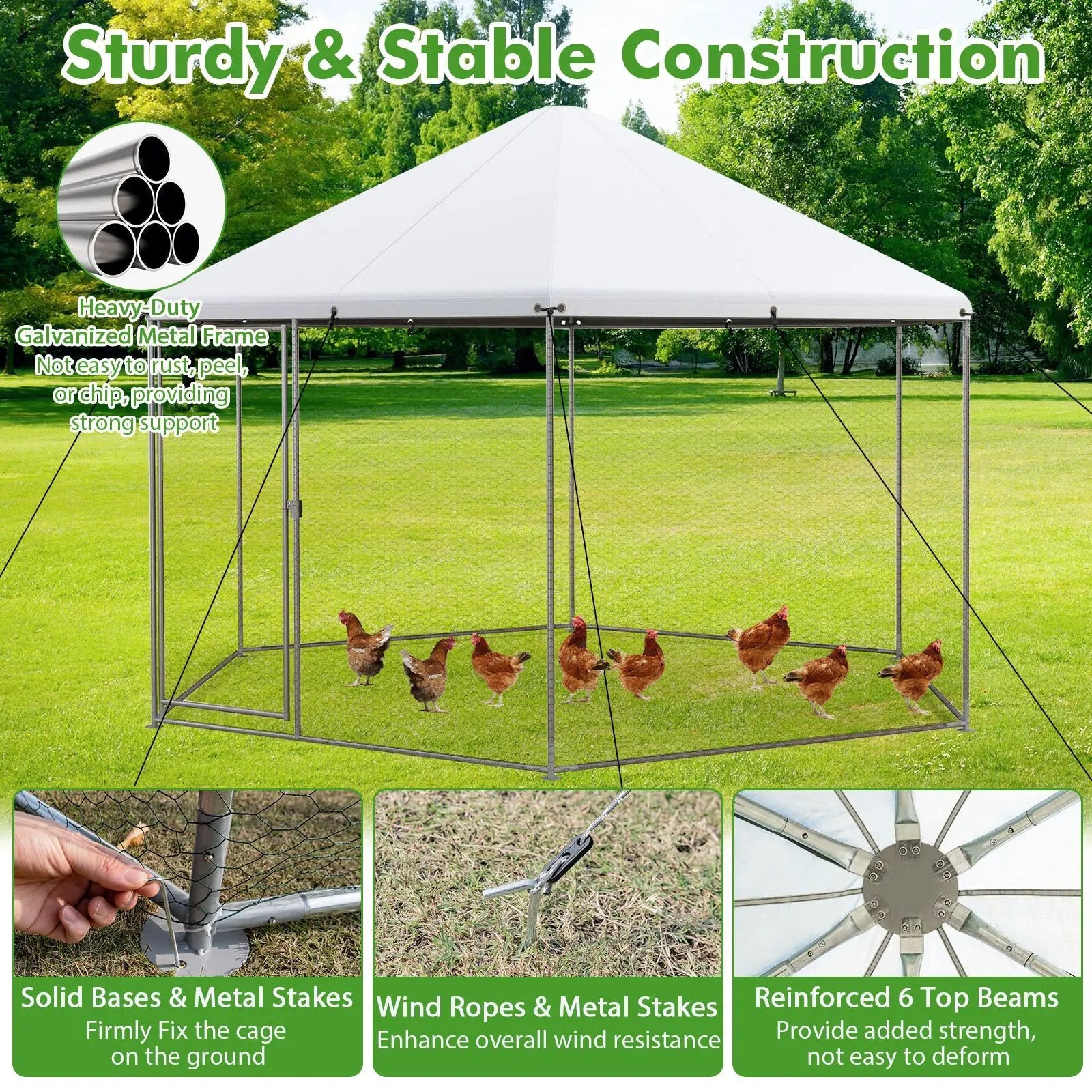 13FT Large Metal Hexagonal Chicken Coop with Wire Mesh and Lockable Door by DirectDeals