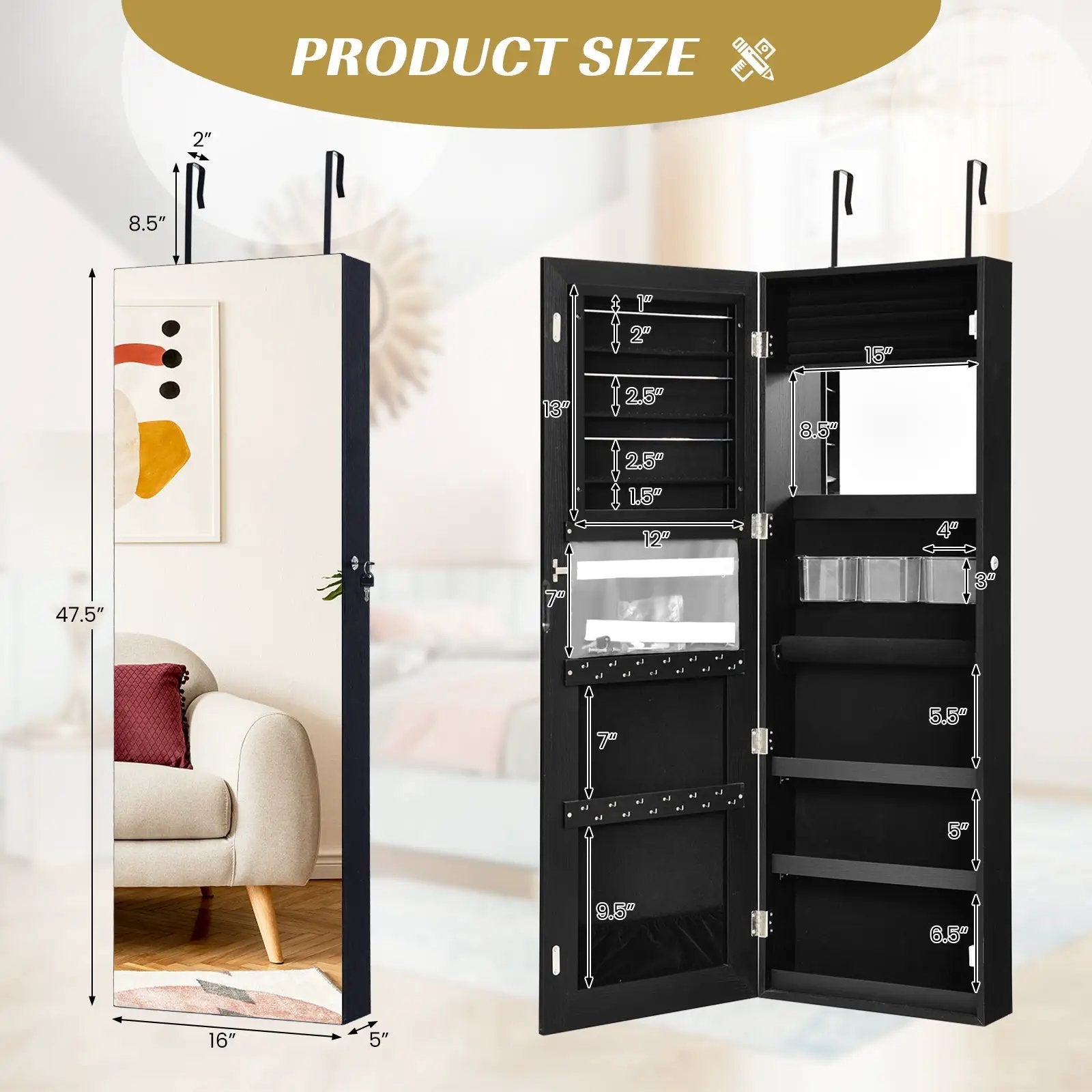 Lockable Storage Jewelry Cabinet with Frameless Mirror by DirectDeals