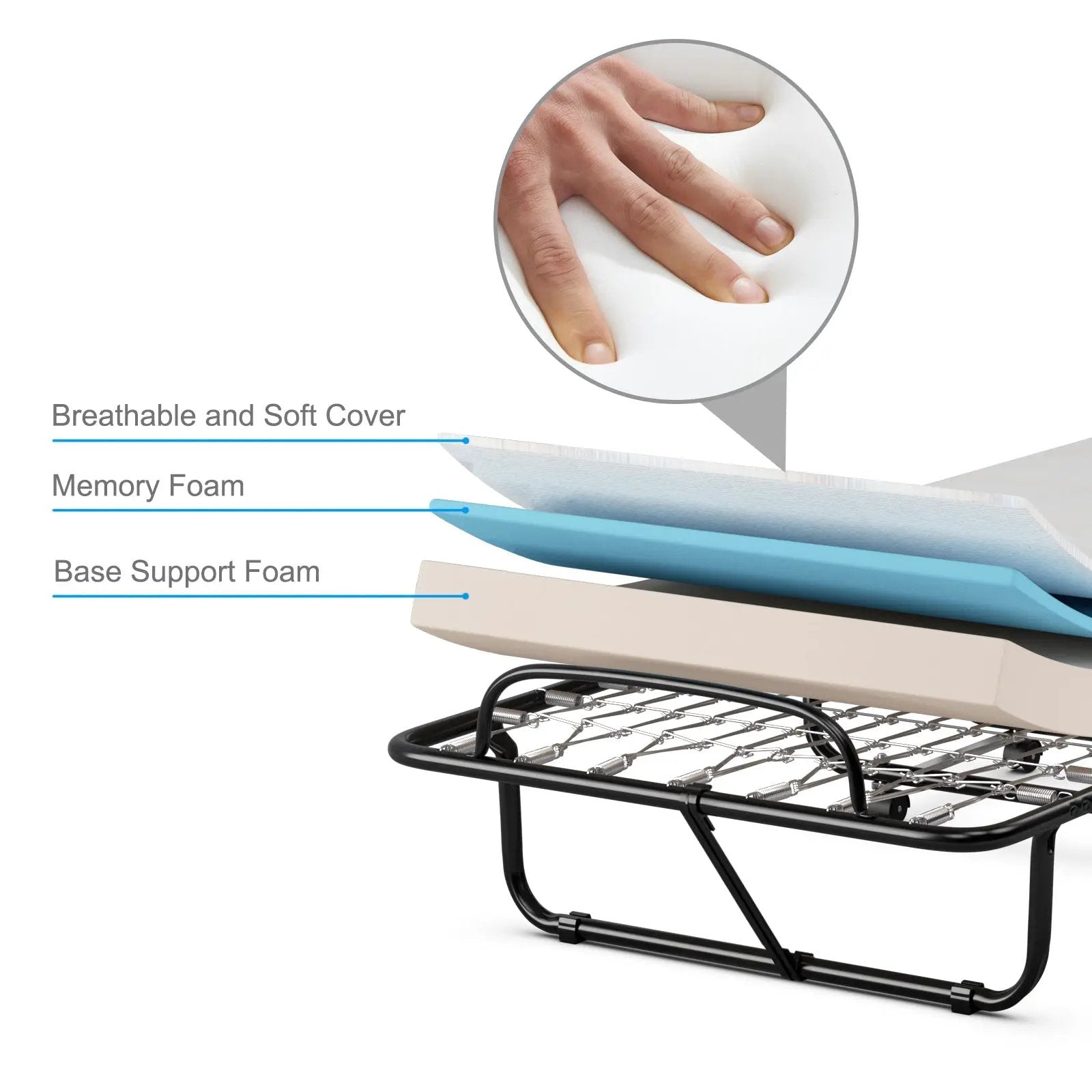 Rollaway Folding Bed with Memory Foam Mattress and Sturdy Metal Frame Made in Italy by DirectDeals