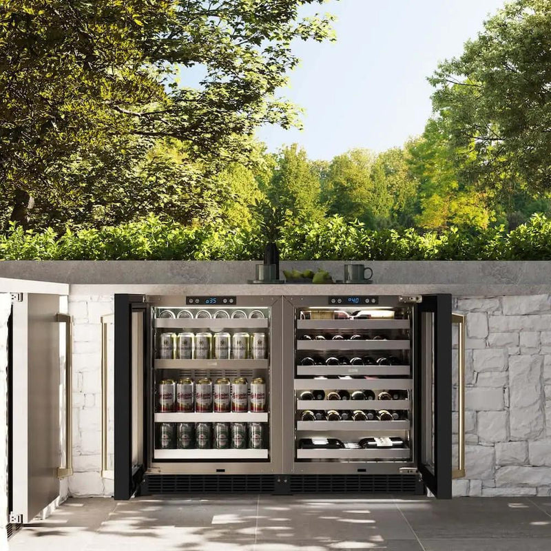 ZLINE 24" Touchstone Dual Zone 44 Bottle Wine Cooler Black Matte Glass Door Champagne Bronze Handle RWDOZ-BLM-24-CB by Farmhouse Kitchen and Bath
