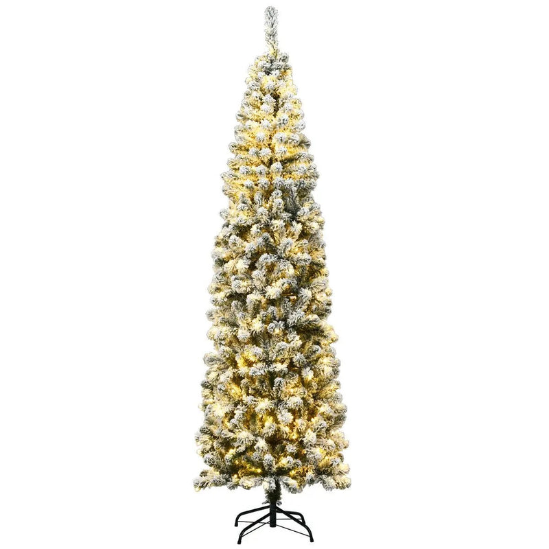 7.5 Feet Pre-lit Snow Flocked Artificial Pencil Christmas Tree with LED Lights by DirectDeals