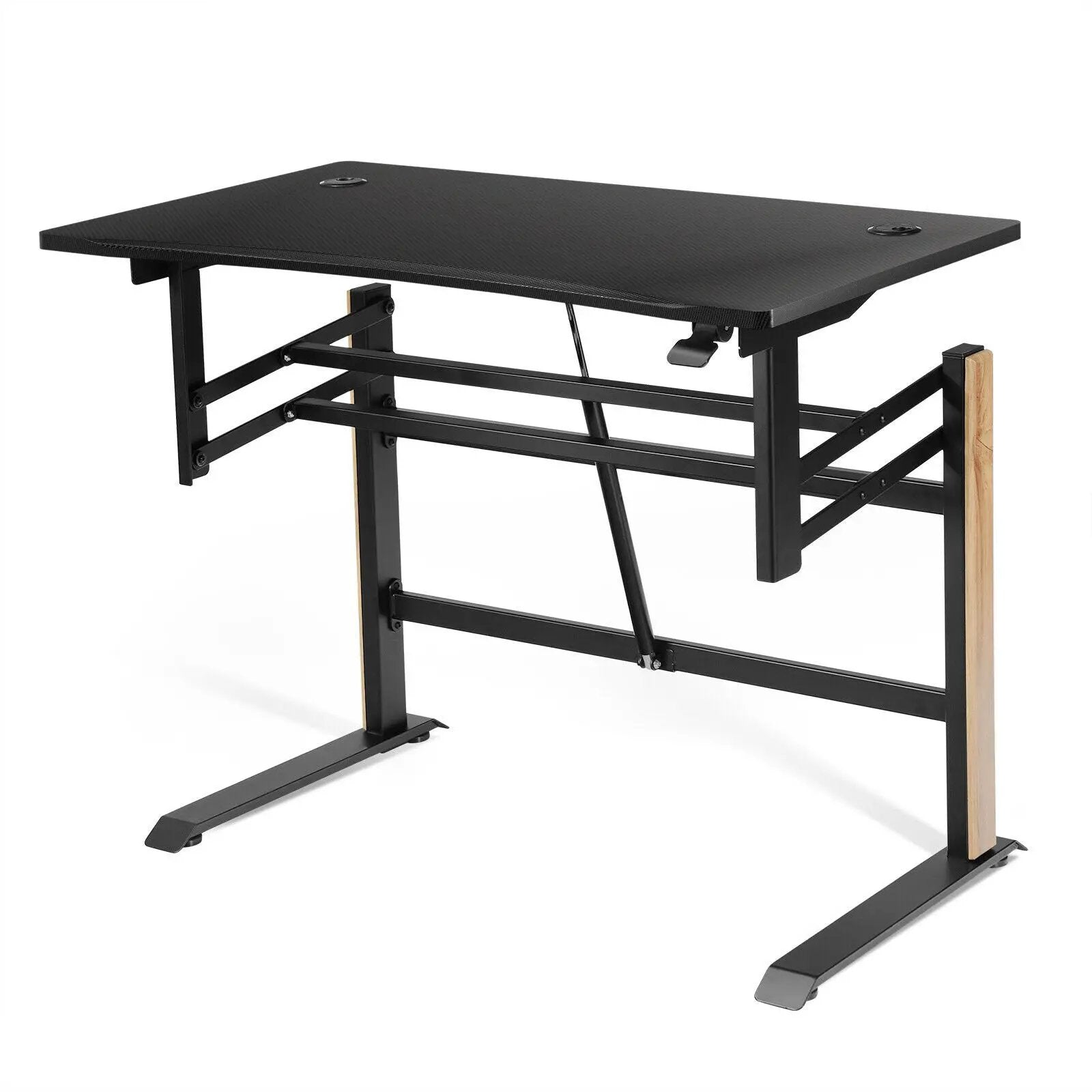 Pneumatic Height Adjustable Gaming Desk T Shaped Game Station with Power Strip Tray-Black by DirectDeals