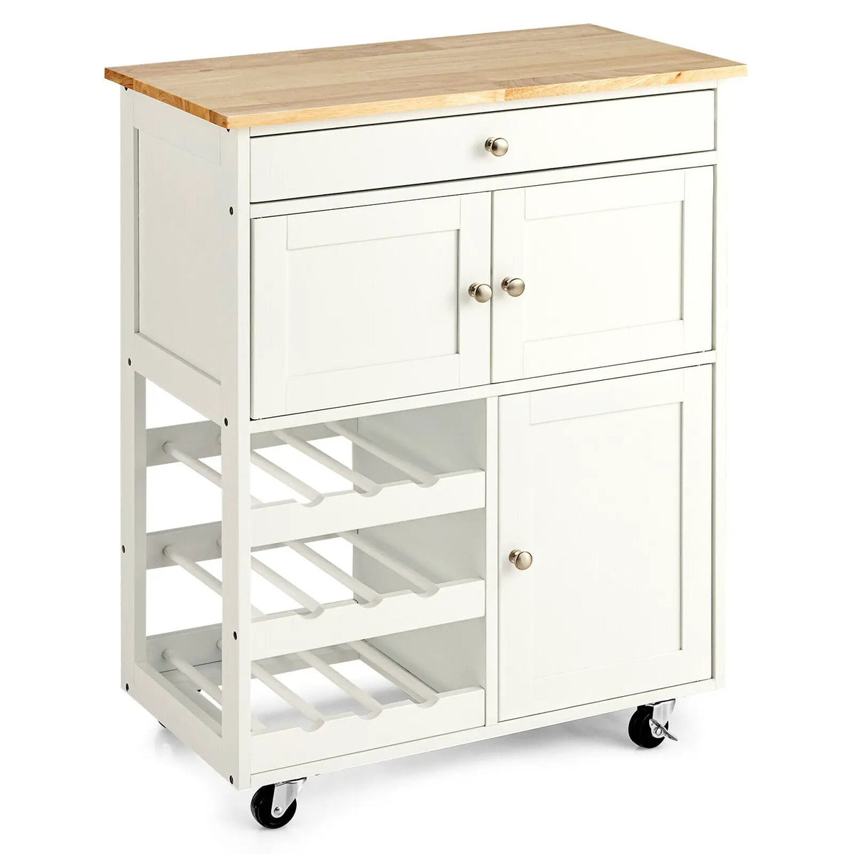Kitchen Cart with Rubber Wood Top 3 Tier Wine Racks 2 Cabinets by DirectDeals
