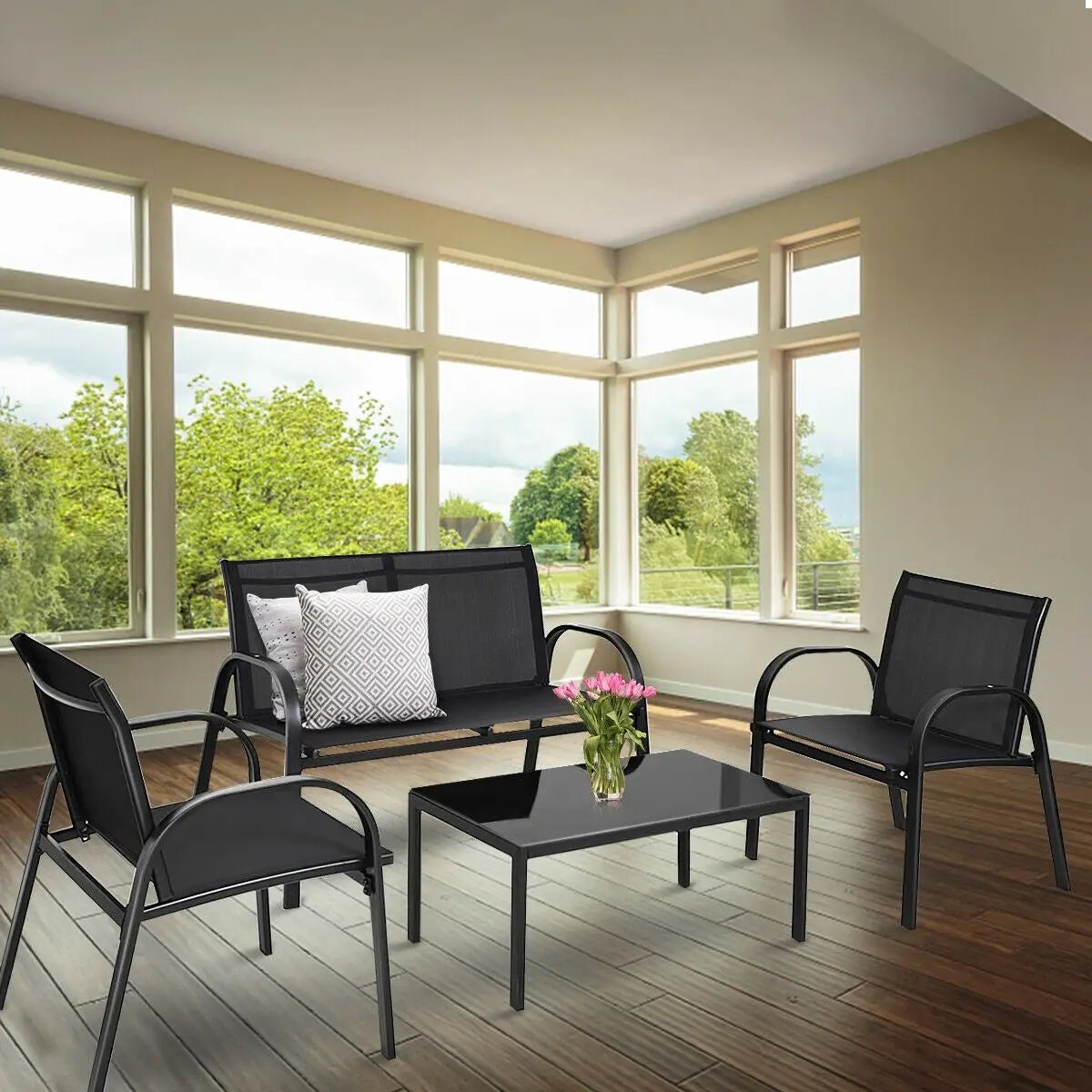 4 Pieces Patio Furniture Set with Glass Top Coffee Table by DirectDeals