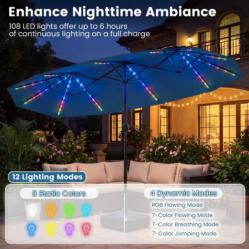 13 FT Double-Sided Patio Umbrella with Color-Changing Flowing Solar LED Lights by DirectDeals