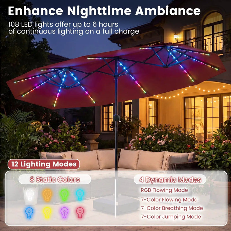 13 FT Double-Sided Patio Umbrella with Color-Changing Flowing Solar LED Lights by DirectDeals