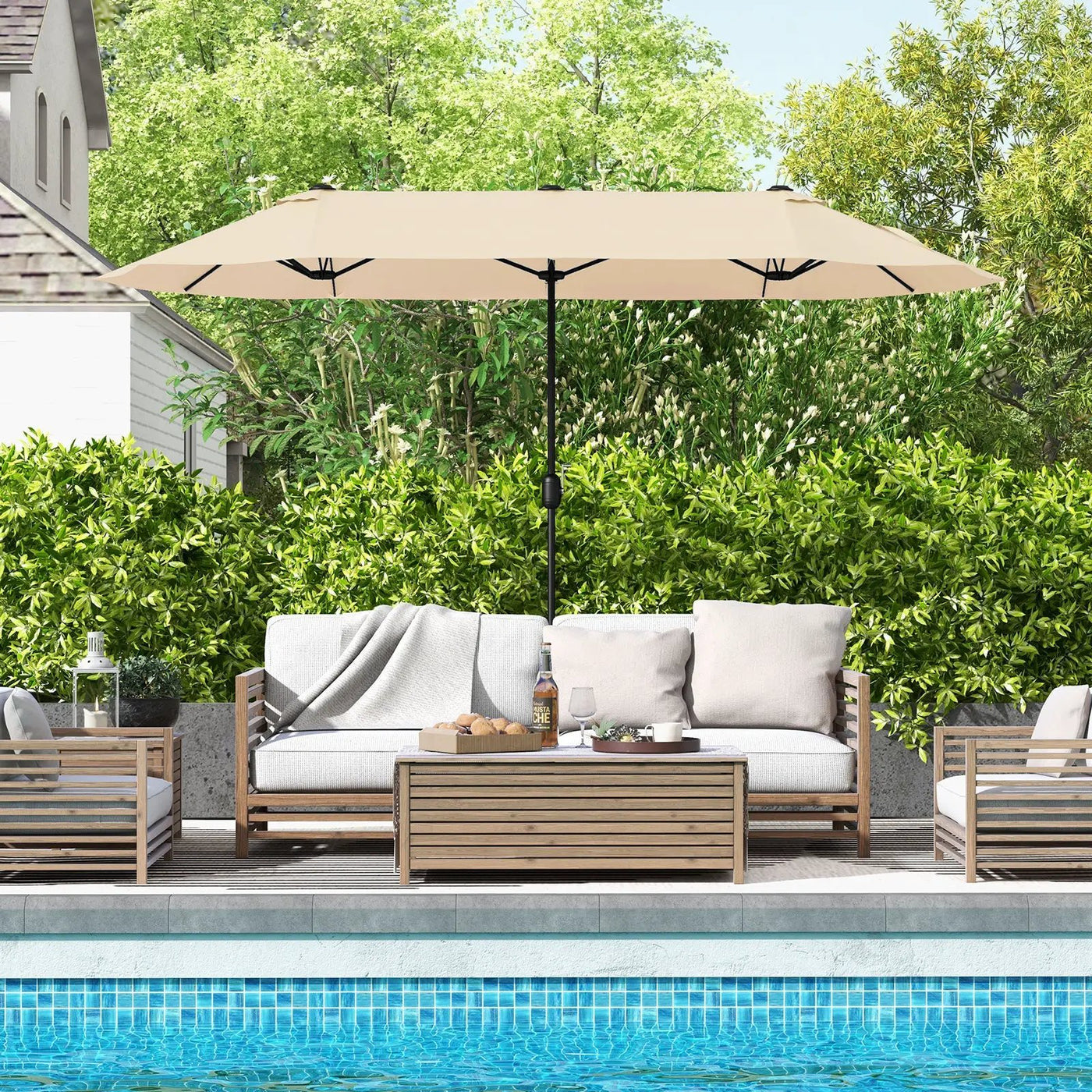 13FT Double-sided Patio Twin Table Umbrella with Crank Handle-Tan by DirectDeals