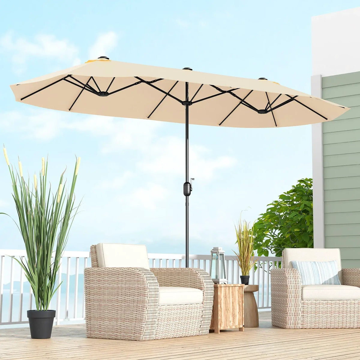 13FT Double-sided Patio Twin Table Umbrella with Crank Handle-Tan by DirectDeals