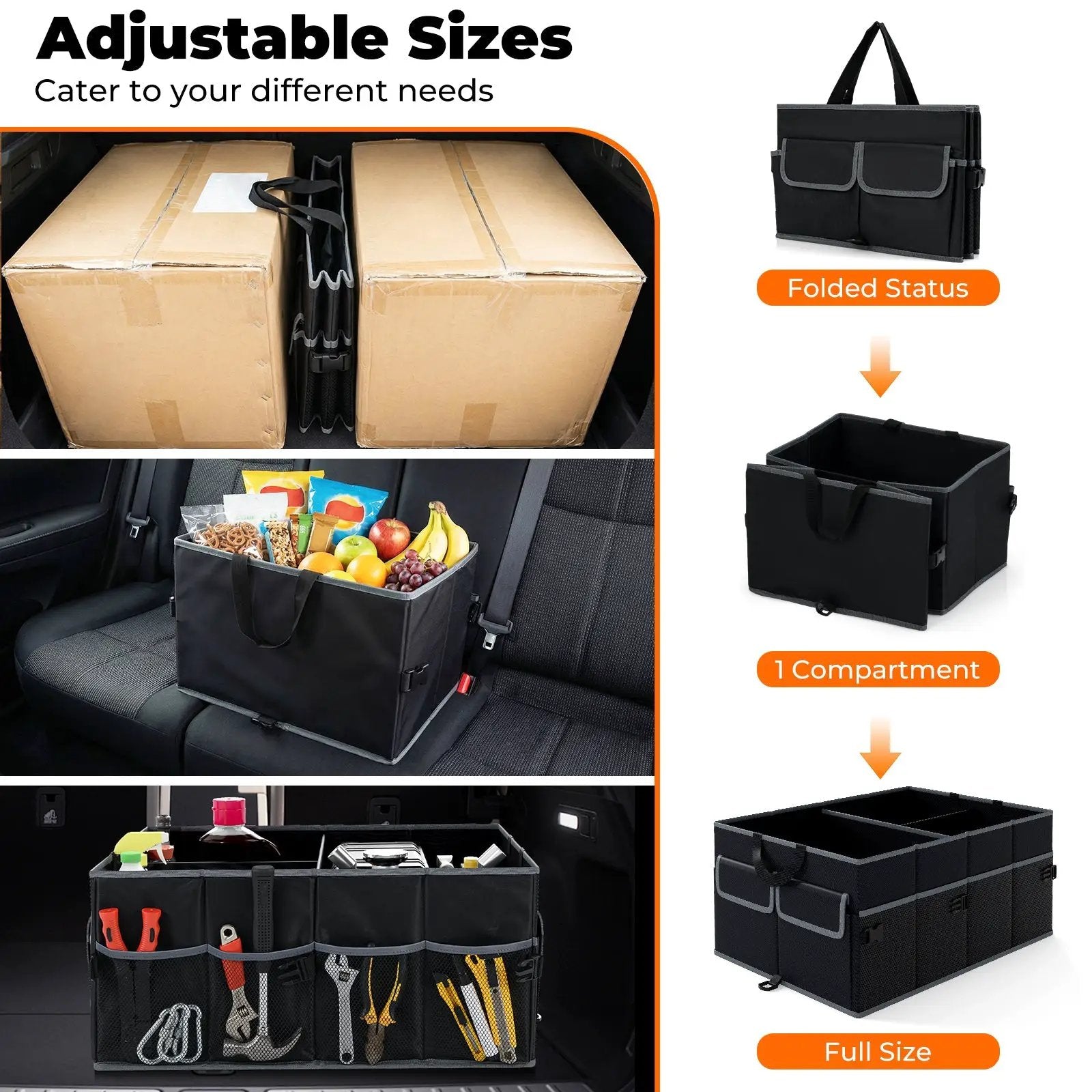 13 Gallon Car Trunk Organizer with Removable Divider and 6 Pockets-Black by DirectDeals