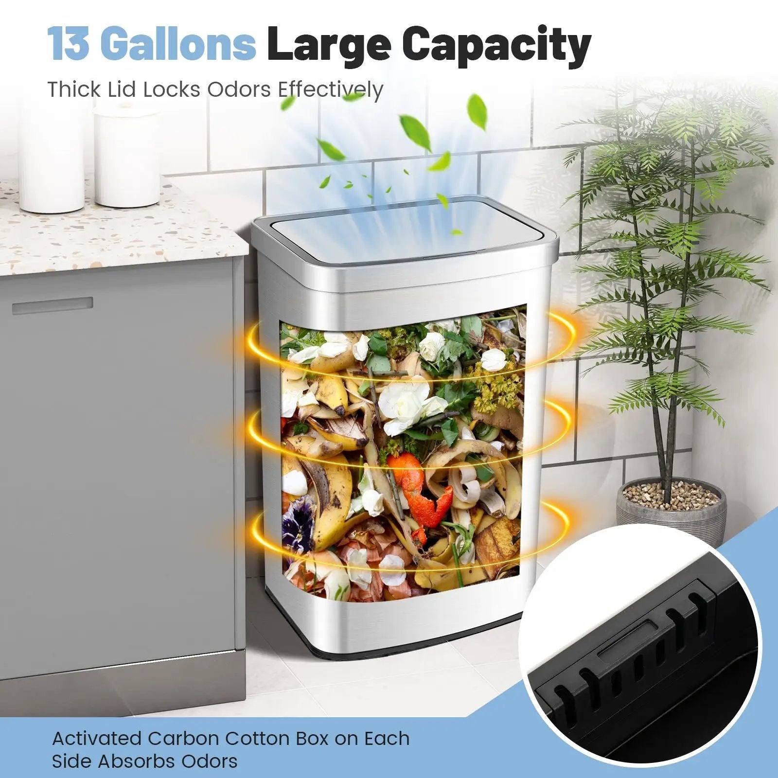 13 Gallons Automatic Garbage Can with Rectangular Infrared Motion Sensor-Sliver by DirectDeals