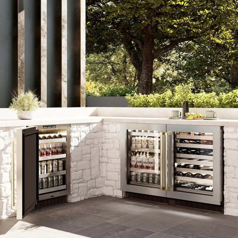 ZLINE 24" Touchstone Dual Zone 44 Bottle Wine Cooler White Matte Glass Door Champagne Bronze Handle RWDOZ-WM-24-CB by Farmhouse Kitchen and Bath