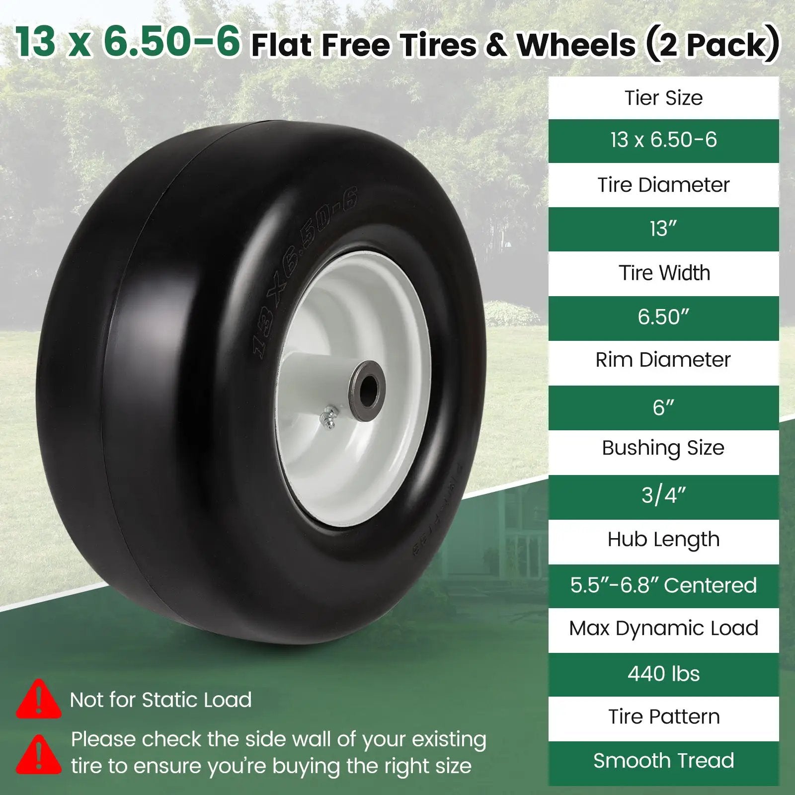 13 x 6.50-6 Flat Free Tires and Wheels 2 Pack Solid Rubber Tires-White by DirectDeals