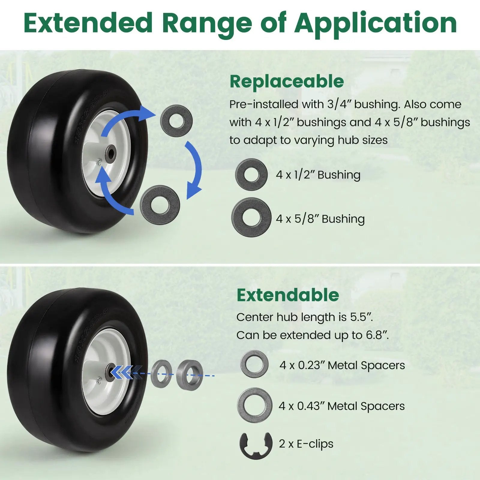 13 x 6.50-6 Flat Free Tires and Wheels 2 Pack Solid Rubber Tires-White by DirectDeals