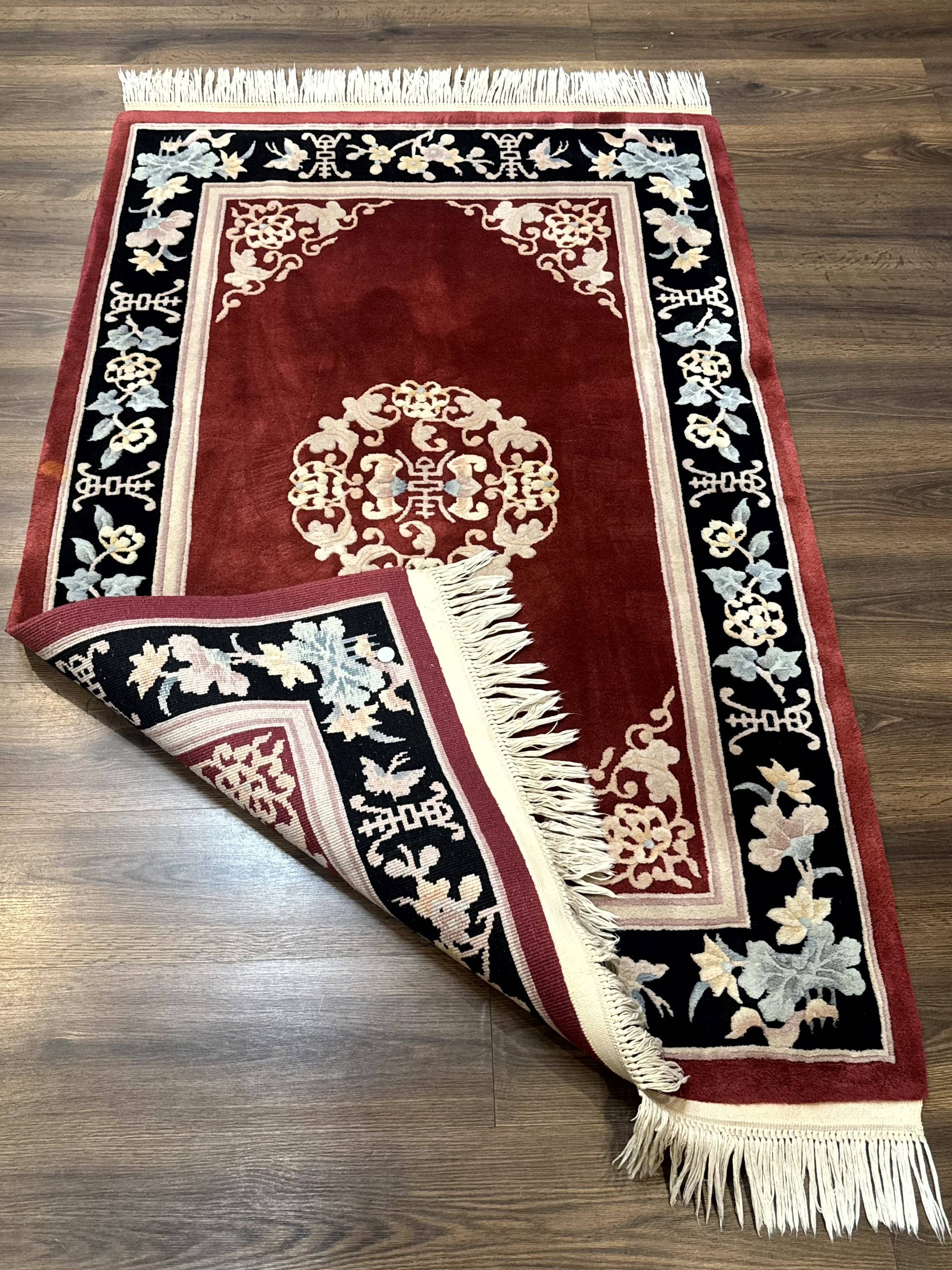 Chinese Wool Rug 4x6, Maroon and Black, Butterflies, Chinese Oriental Carpet, 90 Line Rug by Jewel Rugs