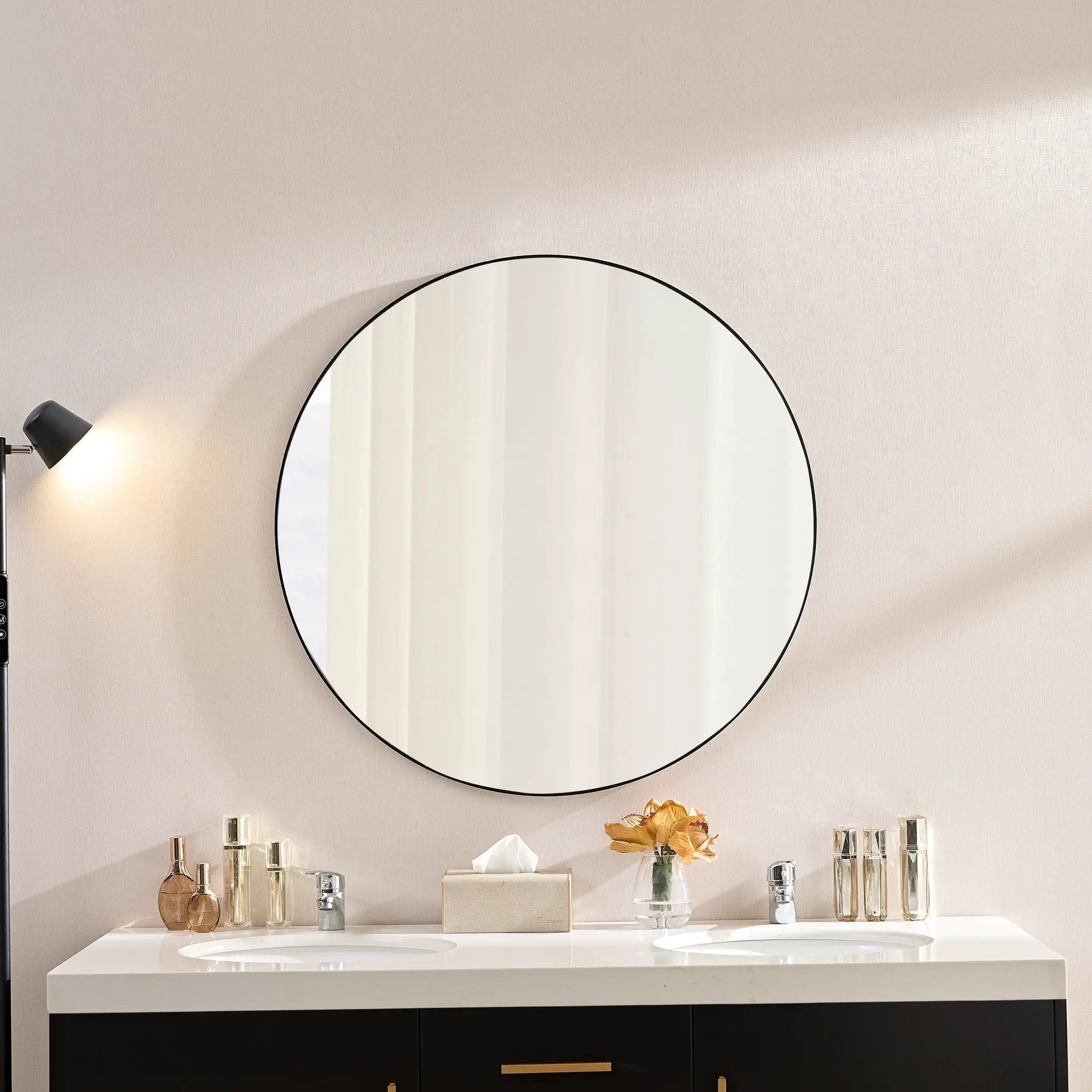 Wall Circular Framed Vanity Mirror For Bathroom, Living Room Decor - Black by HouseOfZazla