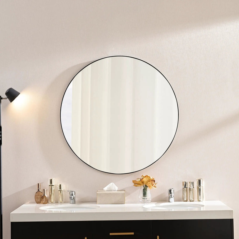 Wall Circular Framed Vanity Mirror For Bathroom, Living Room Decor - Black by HouseOfZazla