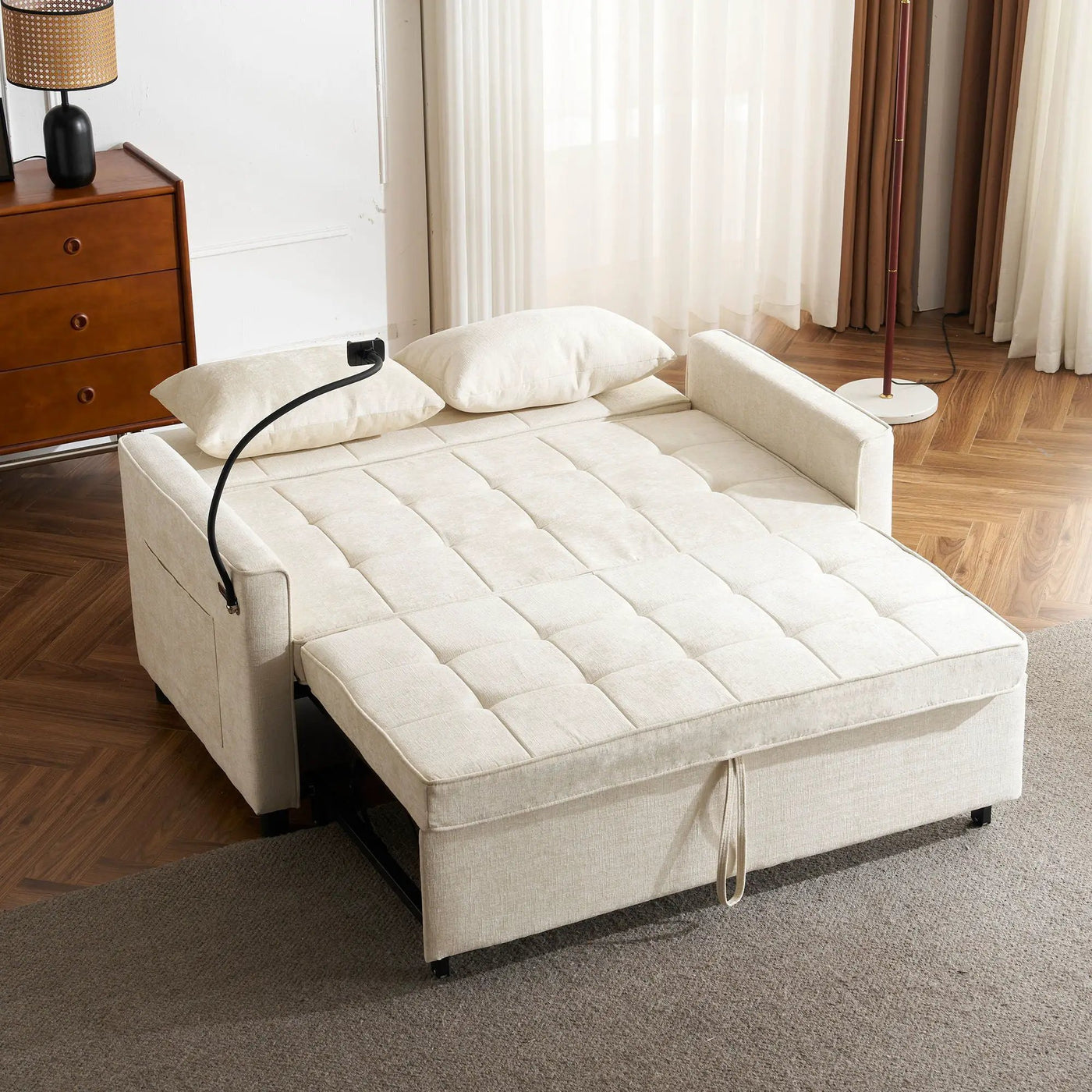 Pull-Out Sleeper Sofa With Reversible Backrest Cushion, Side Pockets, 2 USB Ports And A Phone Holder For Living Room by HouseOfZazla