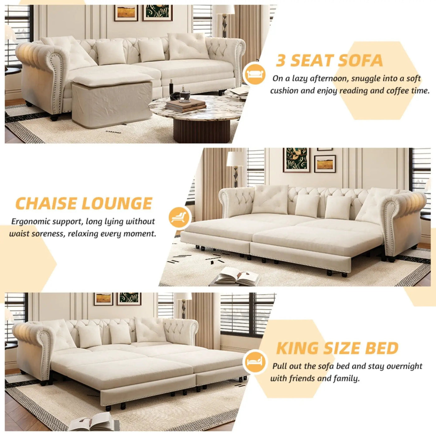 3 In 1 Convertible Sleeper Sofa Bed With Movable Ottoman by HouseOfZazla