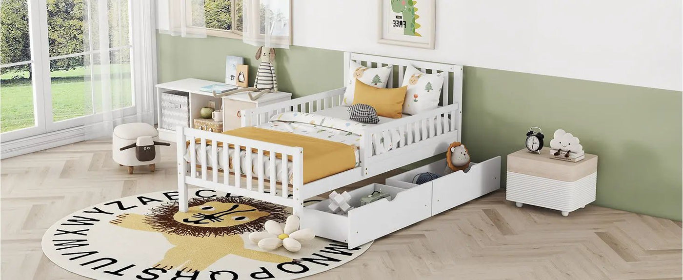 Platform Bed With Guardrails On Both Sides And 2 Storage Drawers by HouseOfZazla