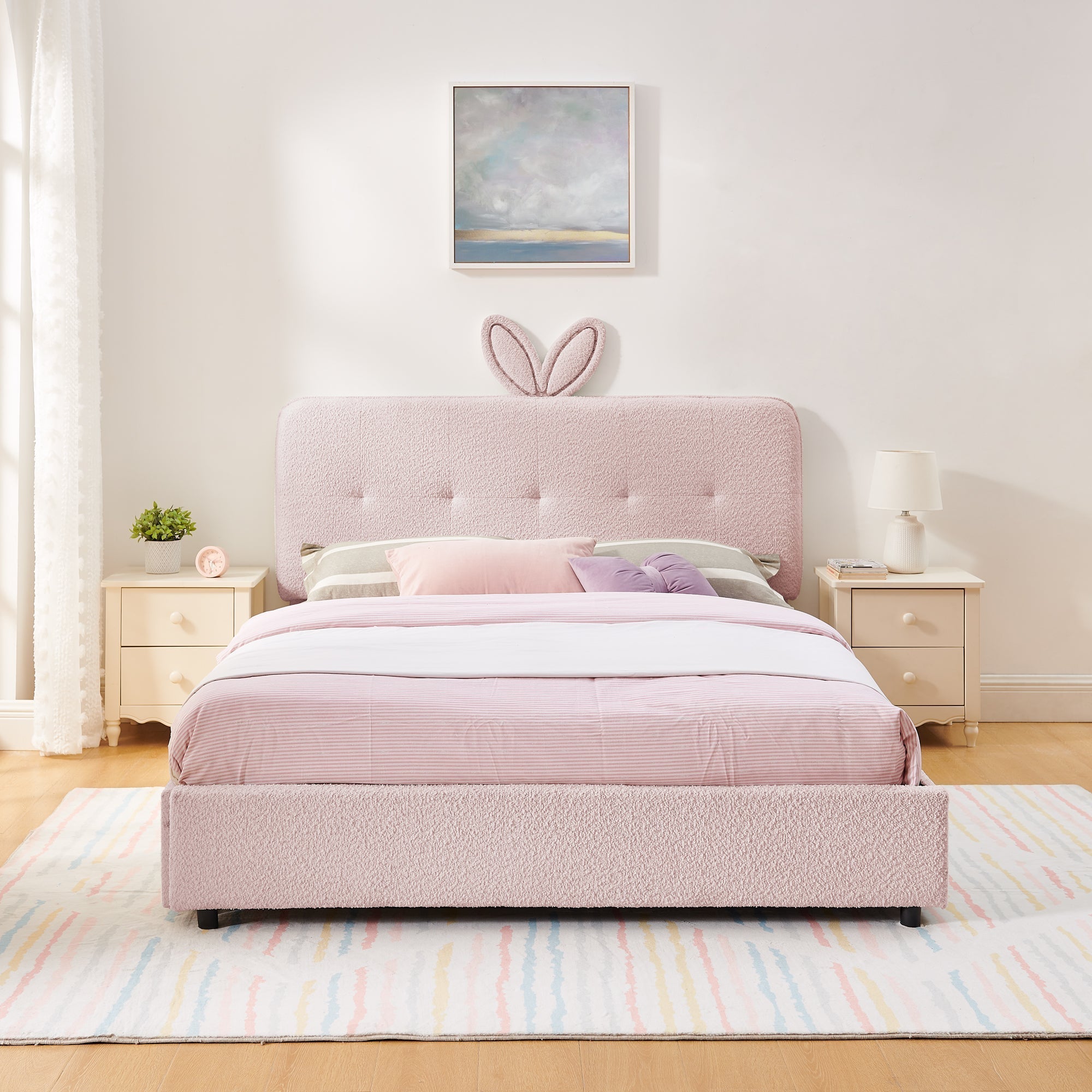 Queen Size Kids Upholstered Bed with Rabbit Ear Headboard & Storage by HouseOfZazla
