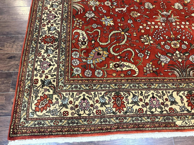 Romanian Rug 10x13, Vintage Handmade Wool Carpet, Floral Pattern, Birds, Red and Cream, Signed By Masterweaver, Persian Rug by Jewel Rugs