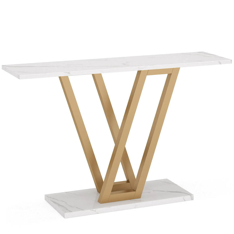 Console Table With Top With V Leg Frame For Hallway, Living Room - White / Gold by HouseOfZazla
