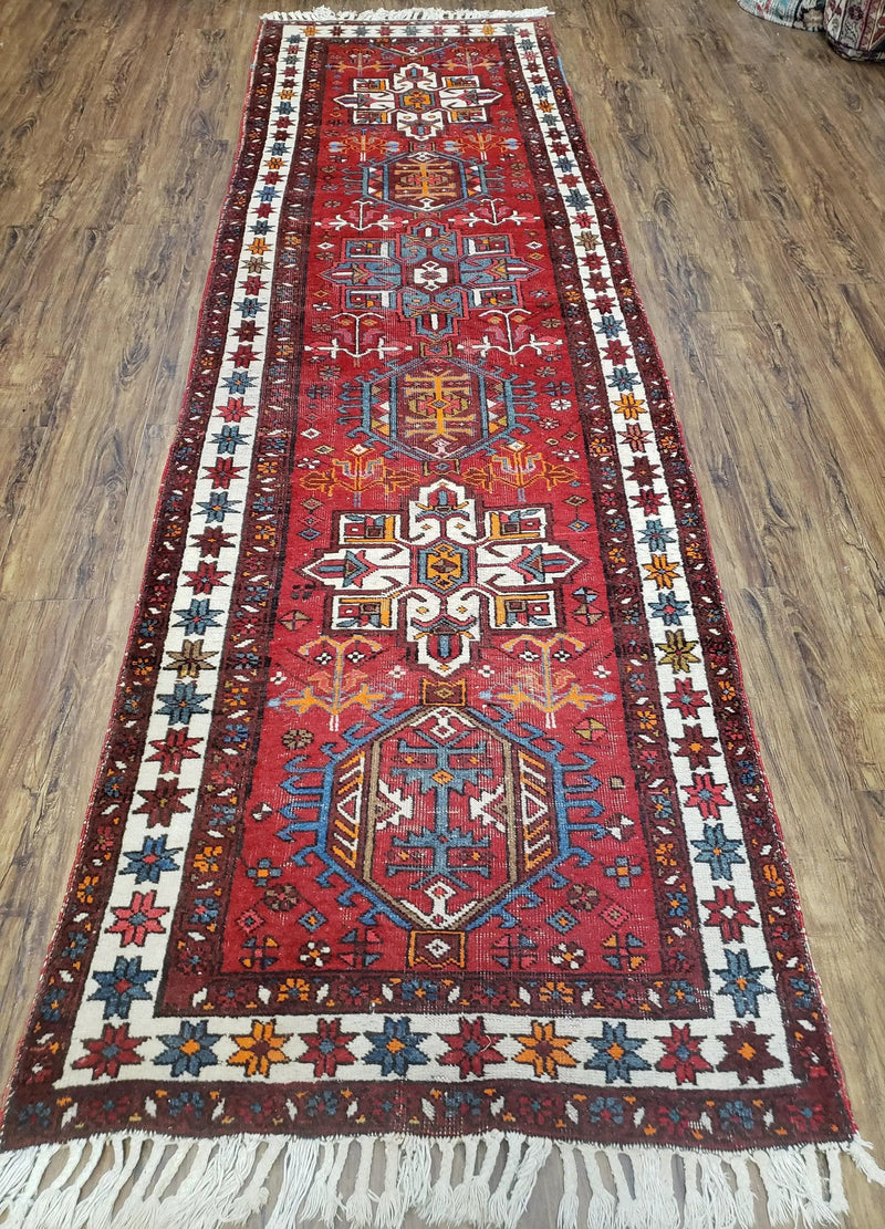 Antique Persian Heriz Karajeh Runner Rug 3x11, Hand-Knotted Red Geometric Medallions by Jewel Rugs