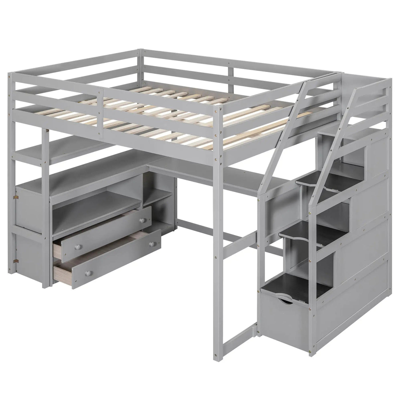 Loft Bed With Desk, Shelves, 2 Drawers, Storage Staircase by HouseOfZazla