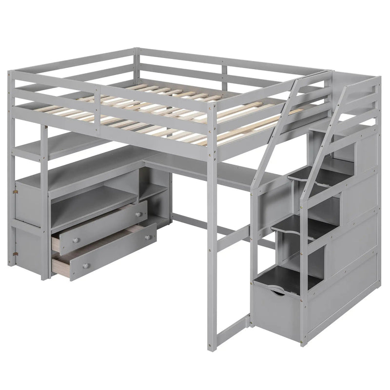 Loft Bed With Desk, Shelves, 2 Drawers, Storage Staircase