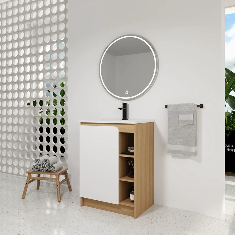 Freestanding Bathroom Vanity With Thin Rim Sink, Single Door With 4 Tier Open Shelves - Light Oak / White by Unique Piece Furniture
