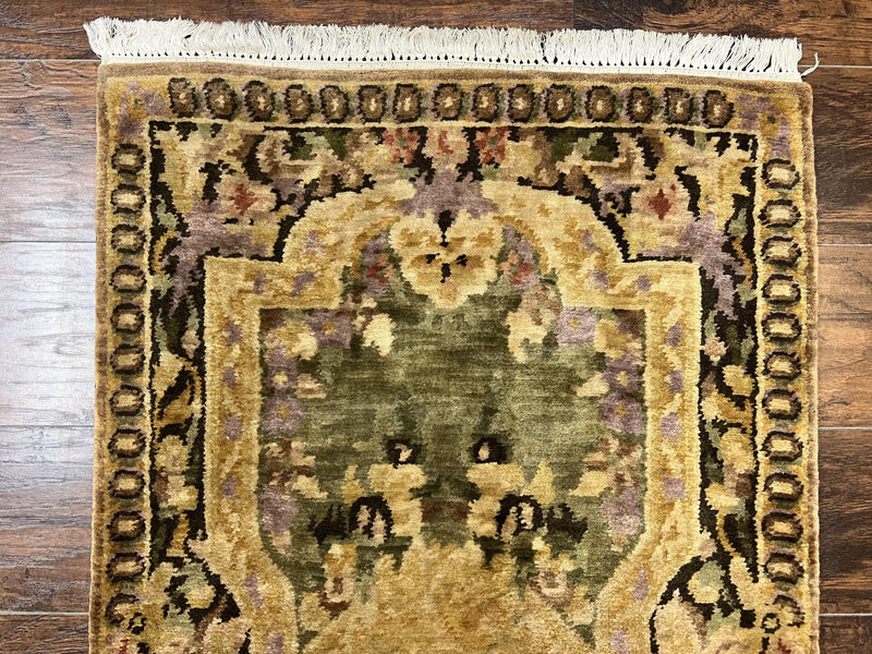 Tibetan Runner Rug 2.6 x 10, French Aubusson Pattern, Gold Olive Green, Vintage Handmade European Design, Wool Hallway Rug by Jewel Rugs