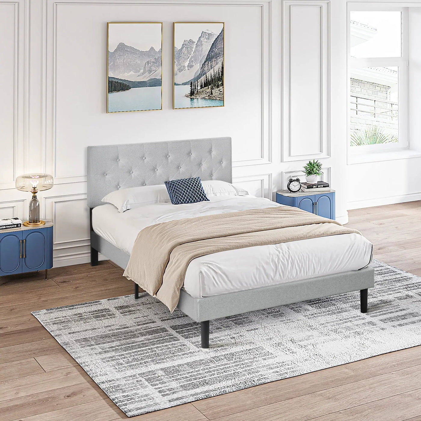 Modern Upholstered Platform Bed Frame With Button Tufted Fabric Headboard by HouseOfZazla