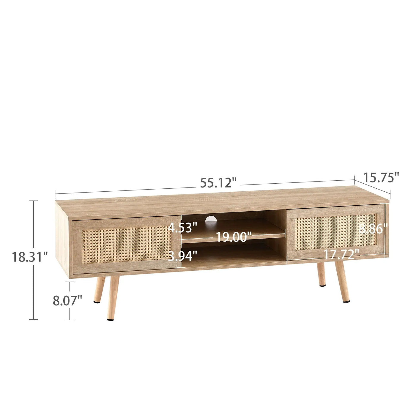 55.12" Rattan TV Cabinet, Double Sliding Doors For Storage, Adjustable Shelf, Solid Wood Legs, TV Console For Living Room by HouseOfZazla