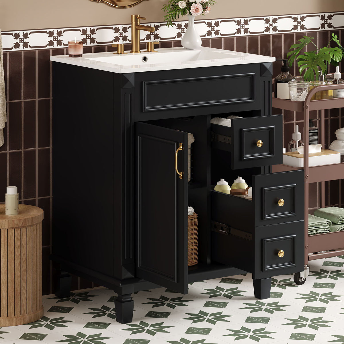 Bathroom Vanity With Sink, Compact Cabinet & 2 Drawers And Adjustable Shelf, photo 10 of 40