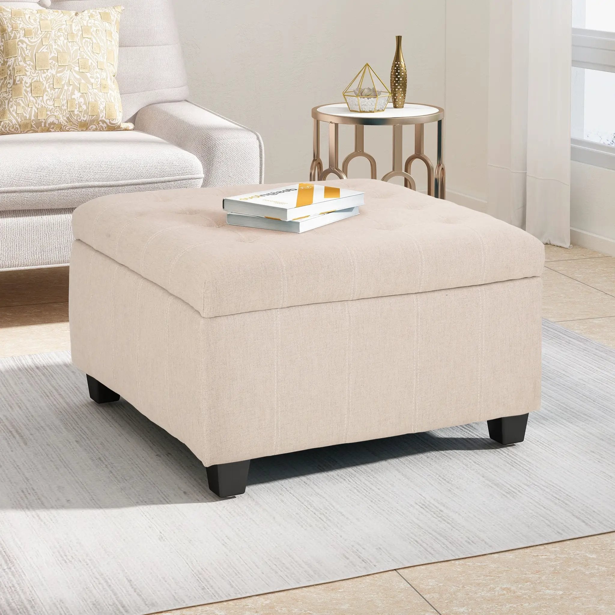Upholstered Tufted Fabric Storage Ottoman, Wheat by HouseOfZazla