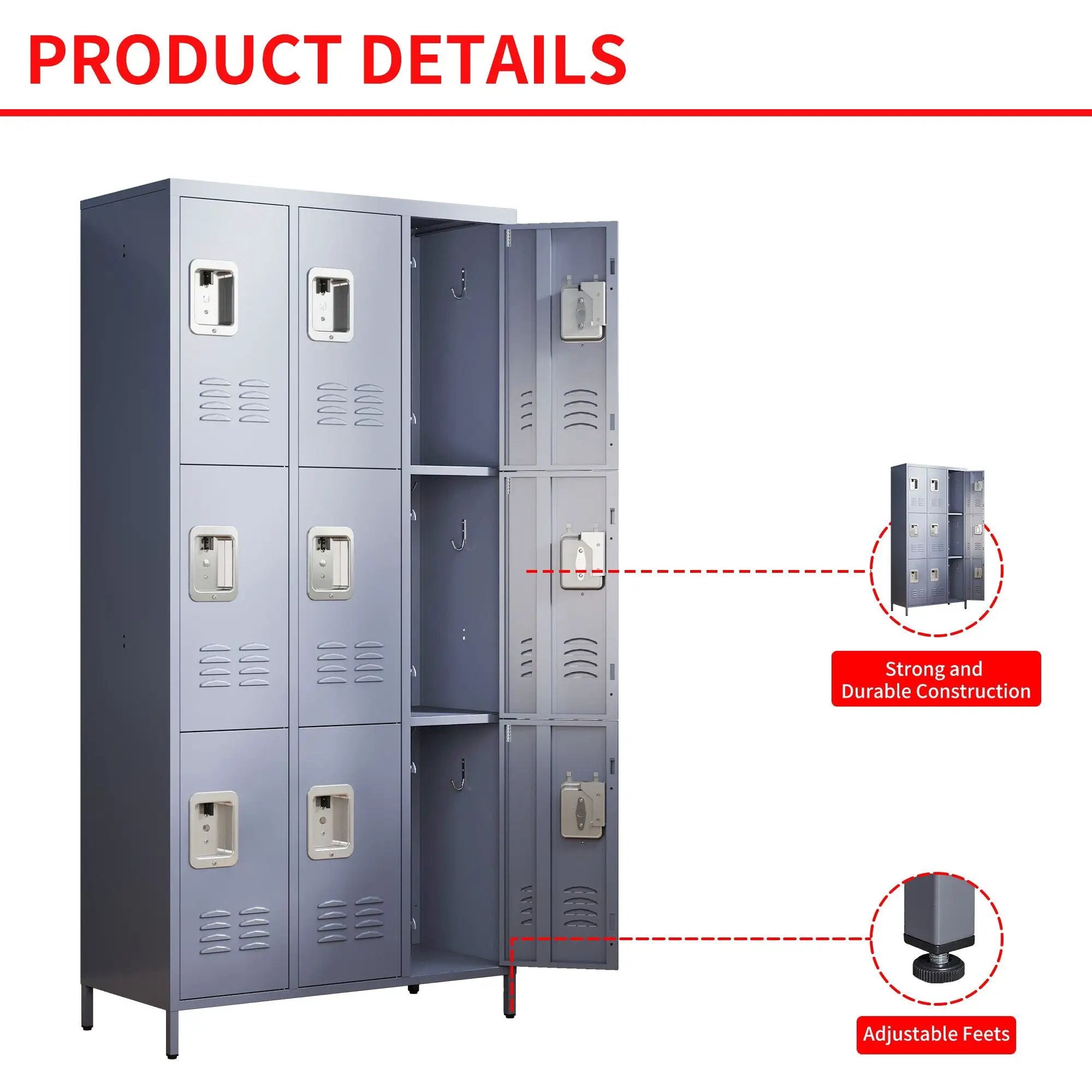 9 Door Lockers With Lock For Storage In Office, School, Gym, And Bedroom - Gray by Unique Piece Furniture