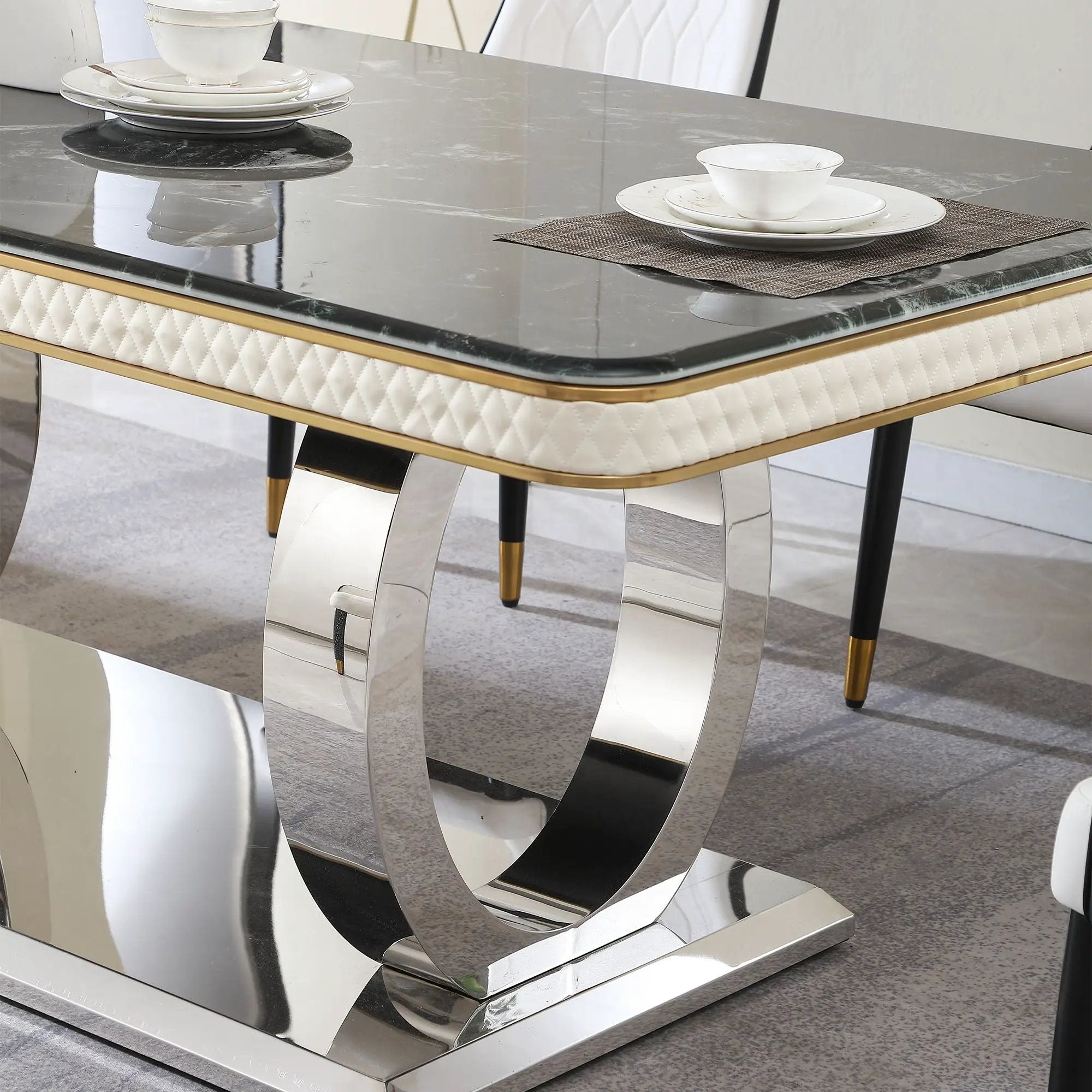 Luxury Modern Dining Table With Faux Marble Top And Dual Circle Base - Black by HouseOfZazla