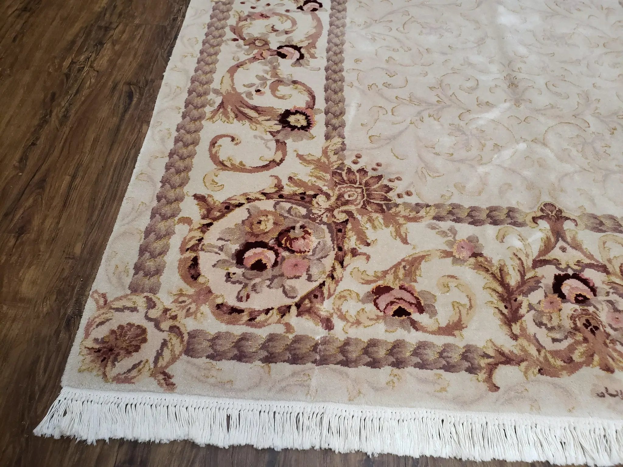 Vintage Ivory Chinese Aubusson Area Rug 6x9, Wool & Silk, Hand-Knotted 120 Line Fine Rug, European Design Carpet, 6 x 9 Master Signature Rug by Jewel Rugs