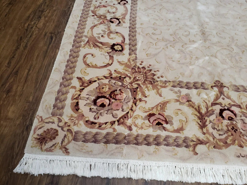 Vintage Ivory Chinese Aubusson Area Rug 6x9, Wool & Silk, Hand-Knotted 120 Line Fine Rug, European Design Carpet, 6 x 9 Master Signature Rug by Jewel Rugs