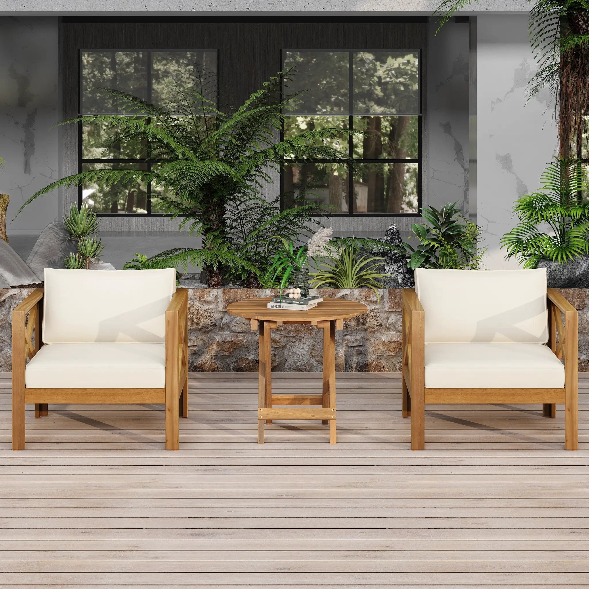 Patio Conversation Set with Foldable Acacia Wood Side Table and Cushions by HouseOfZazla
