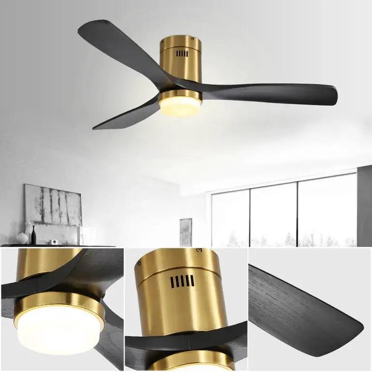 Flush Mount Ceiling Fan With 3 Solid Wood Blades Remote Control Reversible DC Motor For Living Room - Gold by HouseOfZazla