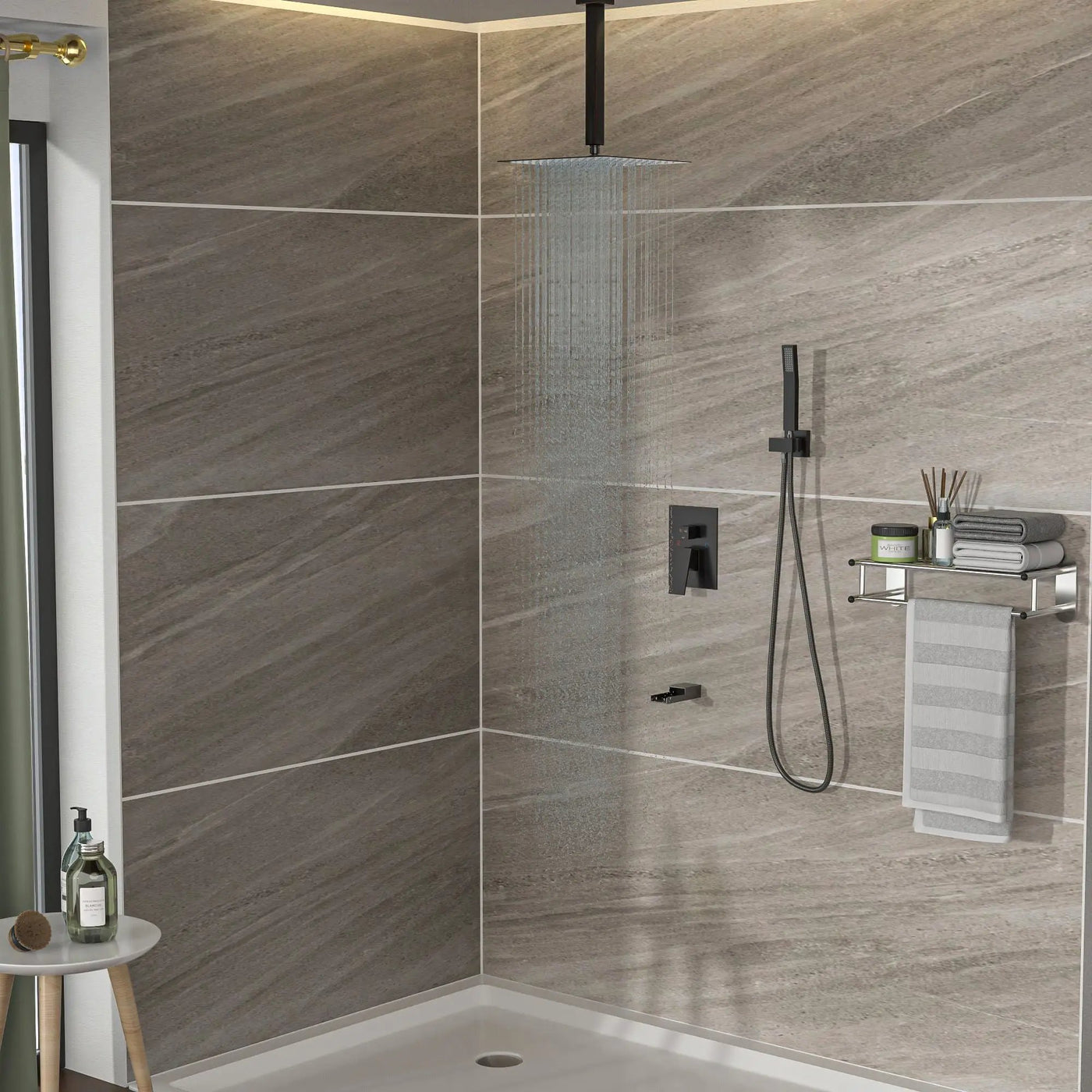 Modern Shower System With Waterfall Tub Spout, 12" Ceiling Mount Square Shower by HouseOfZazla