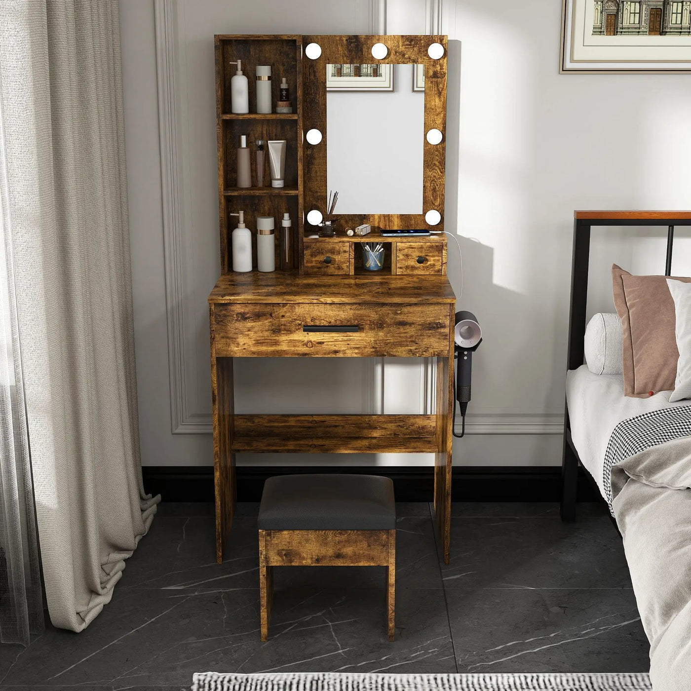 Vanity Table With Mirror, Adjustable LED Lights, Power Outlet, Hairdryer Holder & Stool by HouseOfZazla