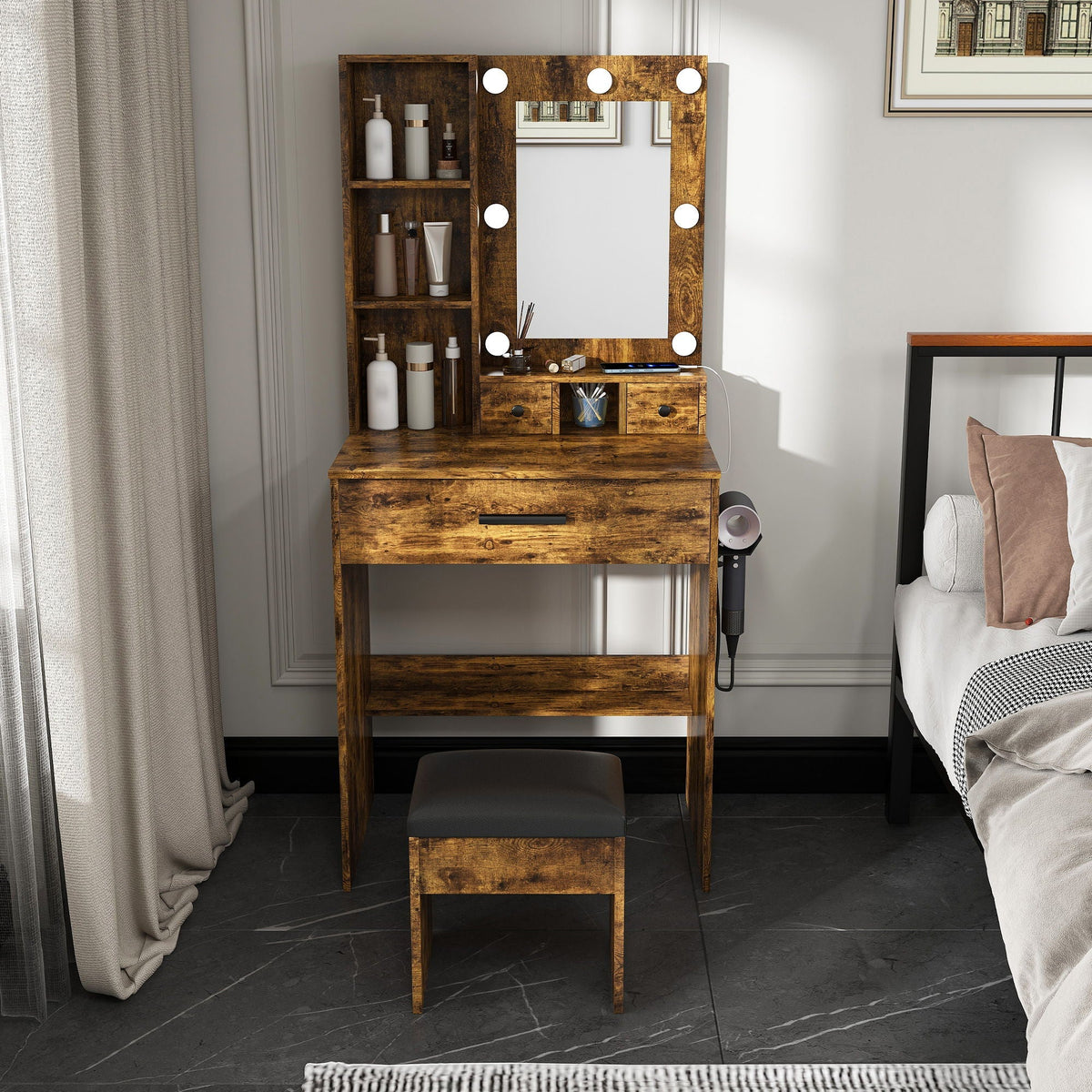 Vanity Set with Mirror, Adjustable LED Lights & Power Outlet - Wood & Mirror, photo 4 of 12