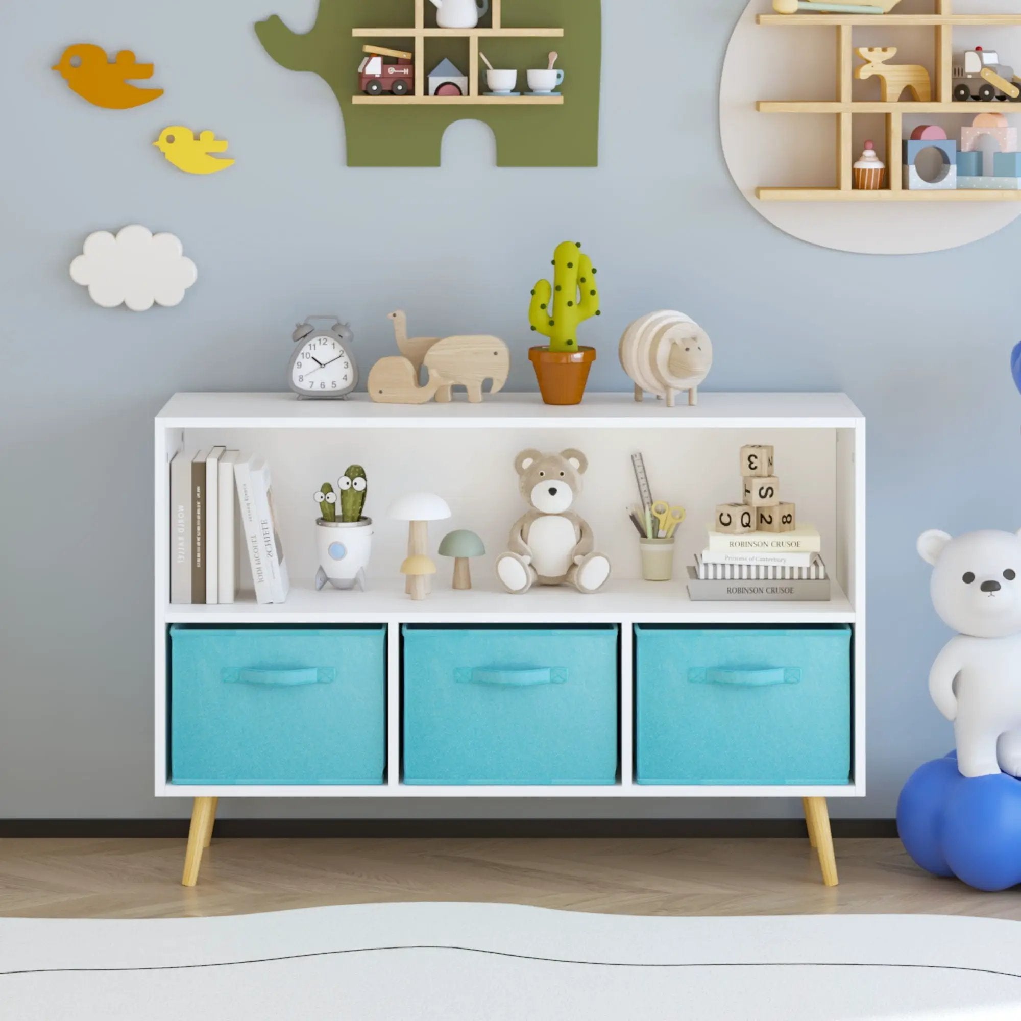 Bookcase With Collapsible Drawers, Book Display Storage Cabinet Organizer - White / Blue by HouseOfZazla